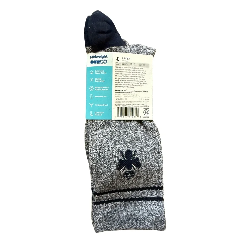 Bombas Midweight Calf Crew Socks Grey Navy Blue Marled Cotton Large Men 9.5-13
